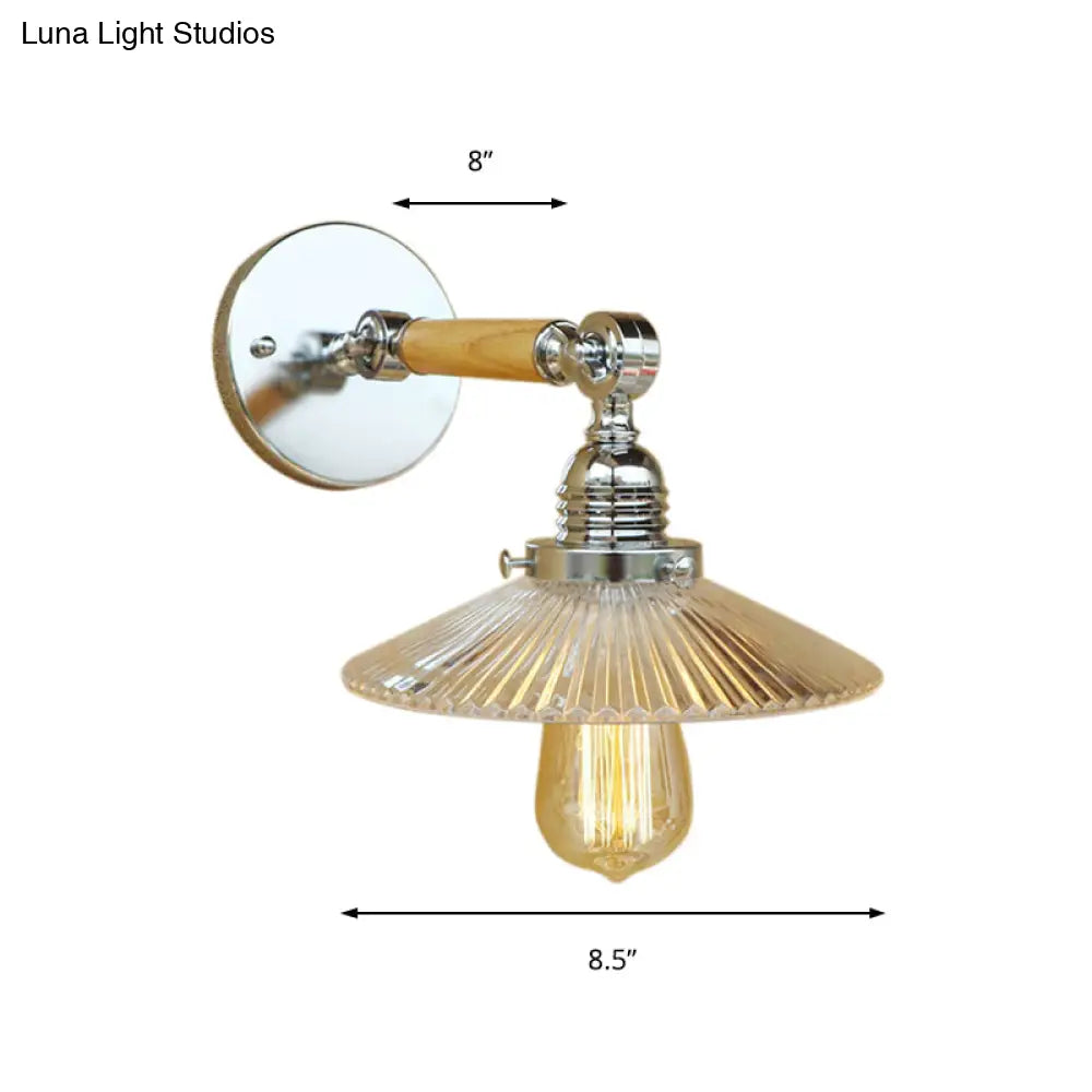 Clear Ribbed Glass Wall Sconce Light with Industrial Chrome Cone, Wooden Arm - 1 Light, 8"/4"/6" Wide - Living Room Lighting Fixture