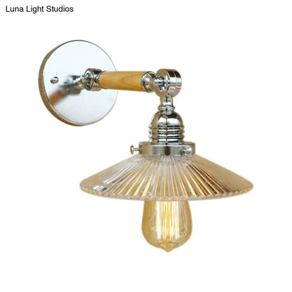Clear Ribbed Glass Wall Sconce Light with Industrial Chrome Cone, Wooden Arm - 1 Light, 8"/4"/6" Wide - Living Room Lighting Fixture