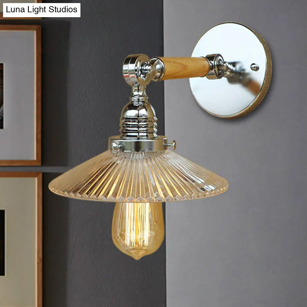 Clear Ribbed Glass Wall Sconce Light with Industrial Chrome Cone, Wooden Arm - 1 Light, 8"/4"/6" Wide - Living Room Lighting Fixture