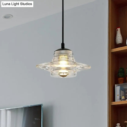 Clear Ruffle Glass Pendant Lighting - Modernist Cone/Dome/Flared Design - 1 Light Black Ceiling Lamp