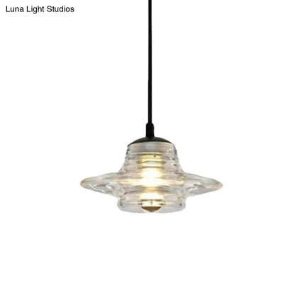 Clear Ruffle Glass Pendant Lighting - Modernist Cone/Dome/Flared Design - 1 Light Black Ceiling Lamp