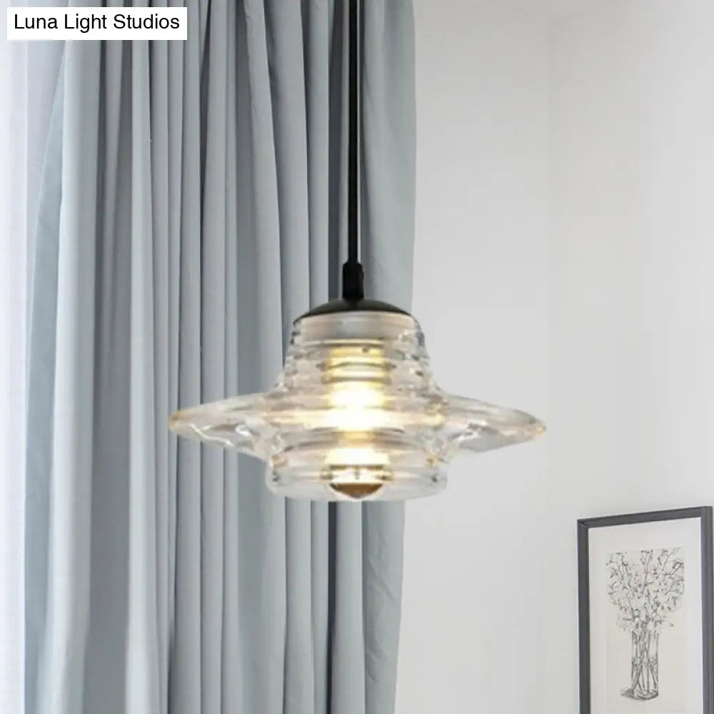 Clear Ruffle Glass Pendant Lighting - Modernist Cone/Dome/Flared Design - 1 Light Black Ceiling Lamp