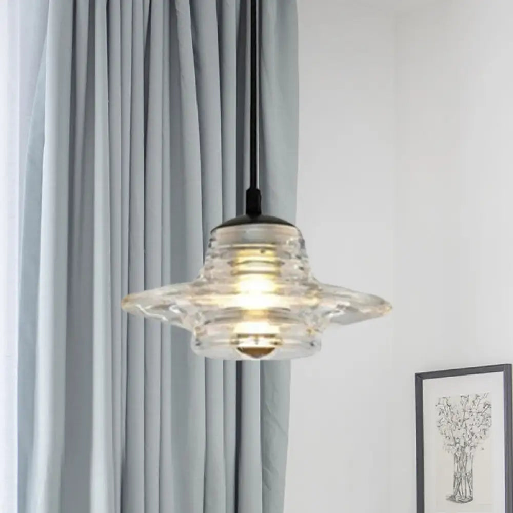 Clear Ruffle Glass Pendant Lighting - Modernist Cone/Dome/Flared Design - 1 Light Black Ceiling Lamp