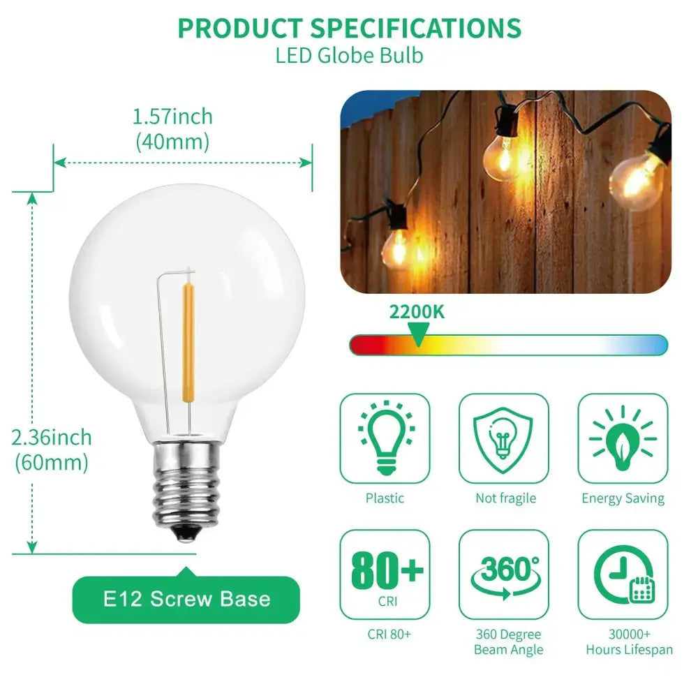 Clear shatterproof g40 1w pet led bulb with warm vintage filament and e12 base for outdoor string lights patio use
