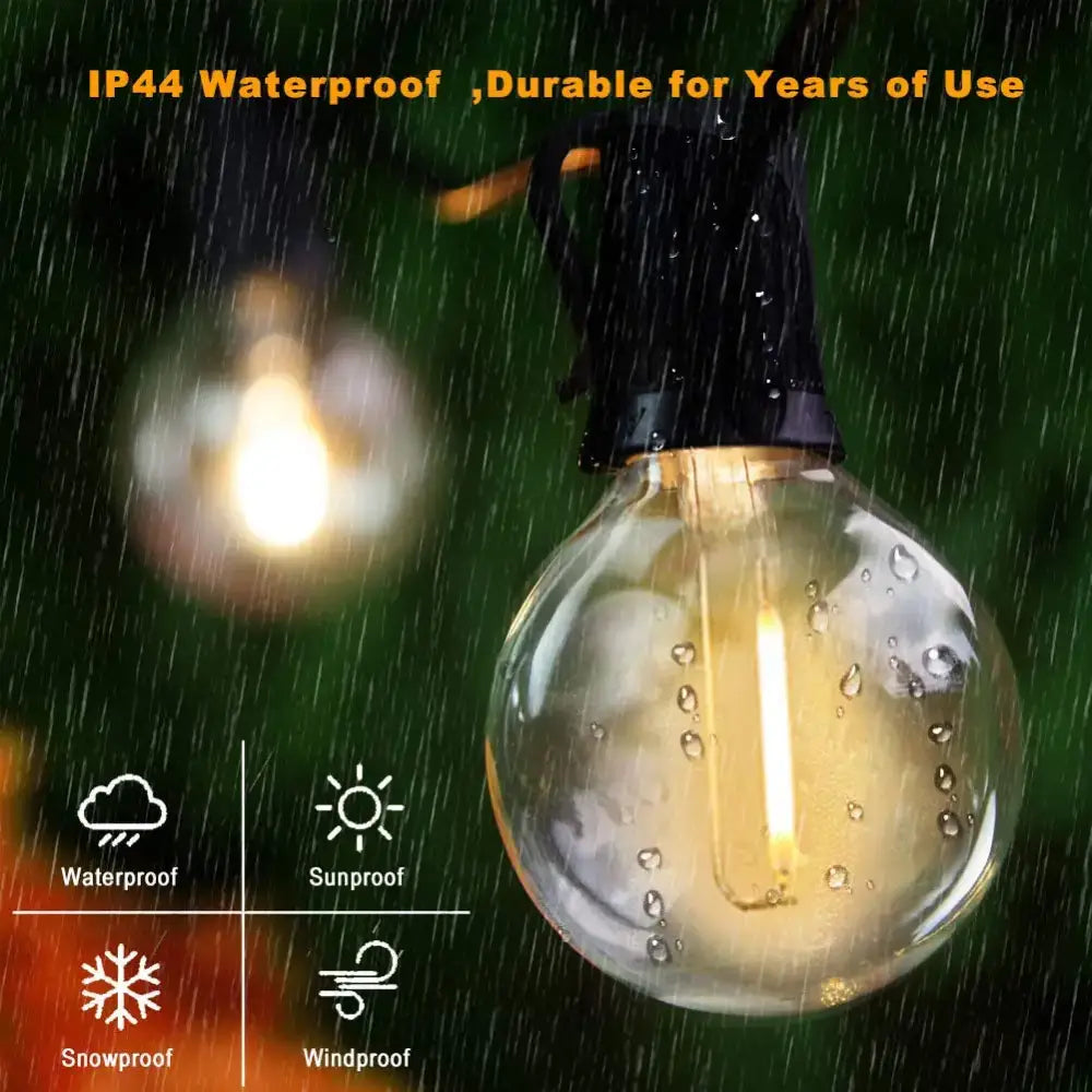 Clear shatterproof g40 1w pet led bulb with warm yellow filament, ip44 waterproof rating, black wiring for outdoor use