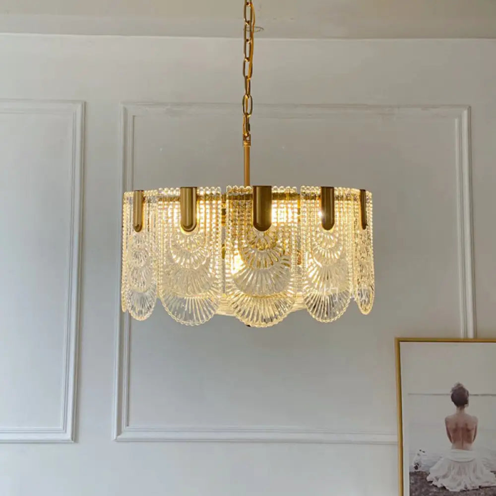 DecorBites™ Clear Textured Glass Brass Drop Lamp - Scalloped Chandelier for Classic Dining Room