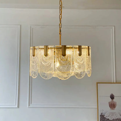 DecorBites™ Clear Textured Glass Brass Drop Lamp - Scalloped Chandelier for Classic Dining Room