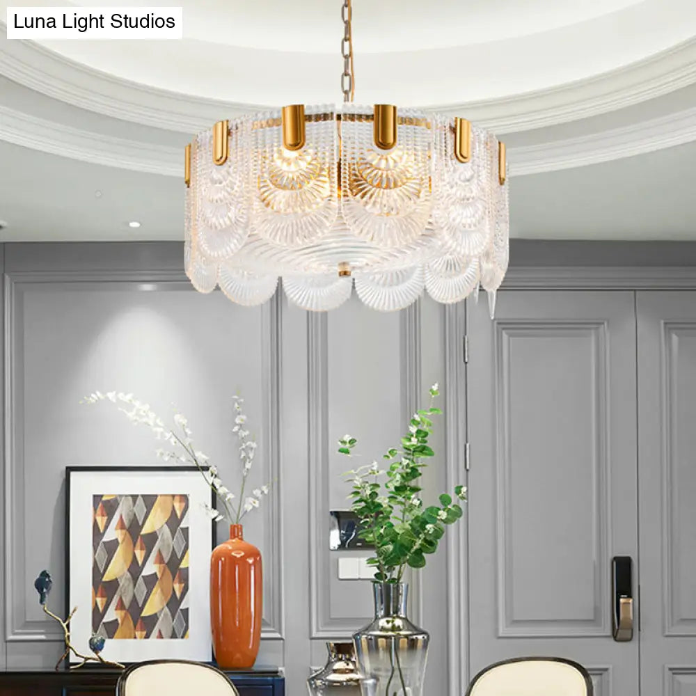 DecorBites™ Clear Textured Glass Brass Drop Lamp - Scalloped Chandelier for Classic Dining Room