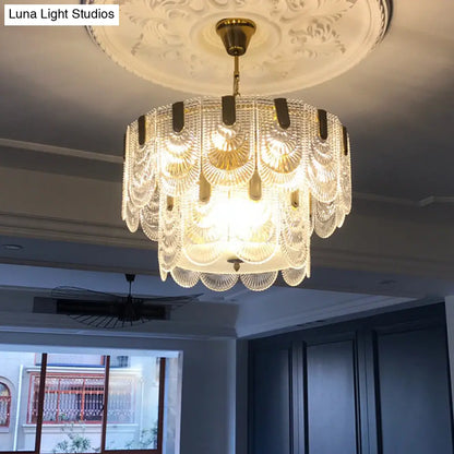 DecorBites™ Clear Textured Glass Brass Drop Lamp - Scalloped Chandelier for Classic Dining Room