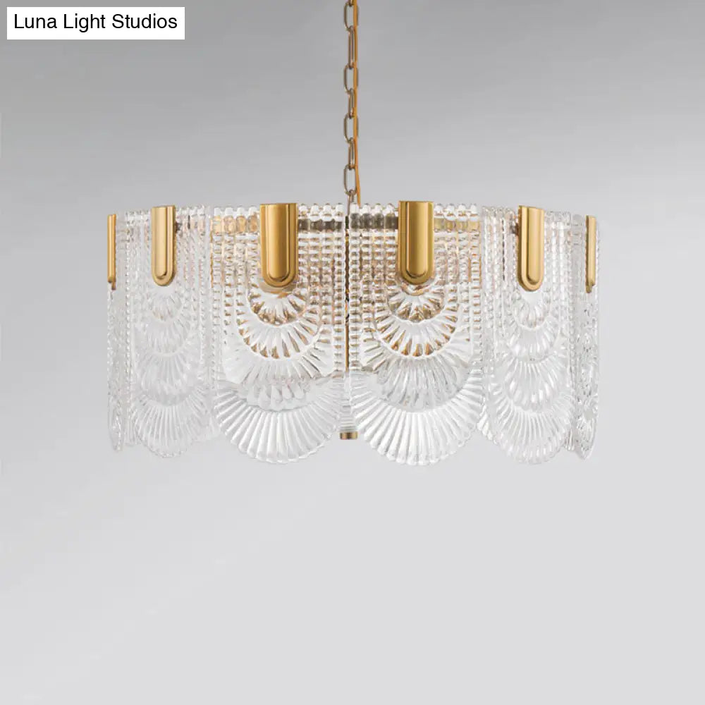 DecorBites™ Clear Textured Glass Brass Drop Lamp - Scalloped Chandelier for Classic Dining Room
