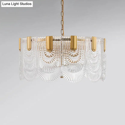 DecorBites™ Clear Textured Glass Brass Drop Lamp - Scalloped Chandelier for Classic Dining Room