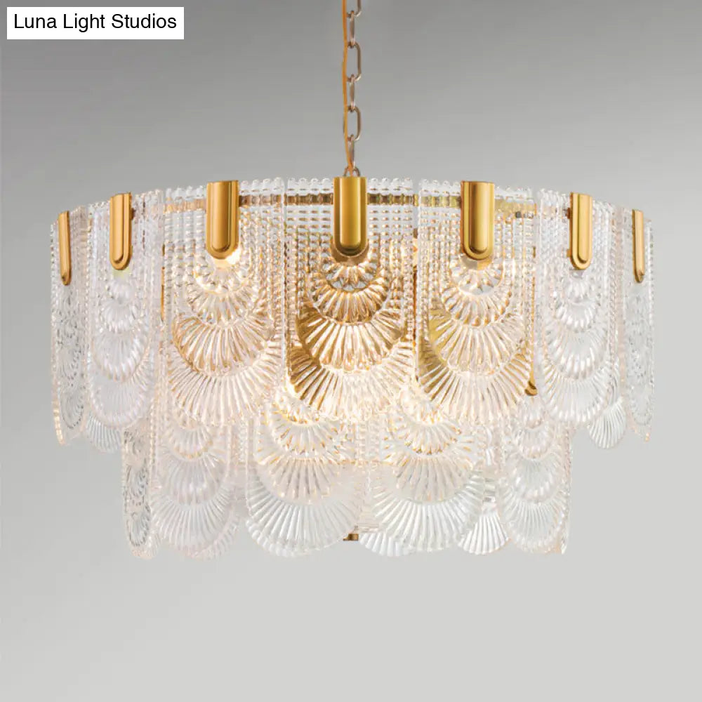 DecorBites™ Clear Textured Glass Brass Drop Lamp - Scalloped Chandelier for Classic Dining Room
