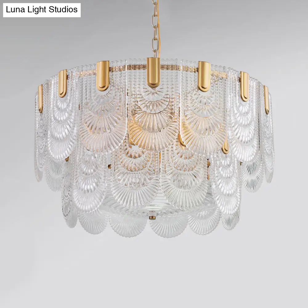 DecorBites™ Clear Textured Glass Brass Drop Lamp - Scalloped Chandelier for Classic Dining Room