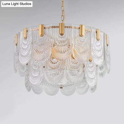 DecorBites™ Clear Textured Glass Brass Drop Lamp - Scalloped Chandelier for Classic Dining Room