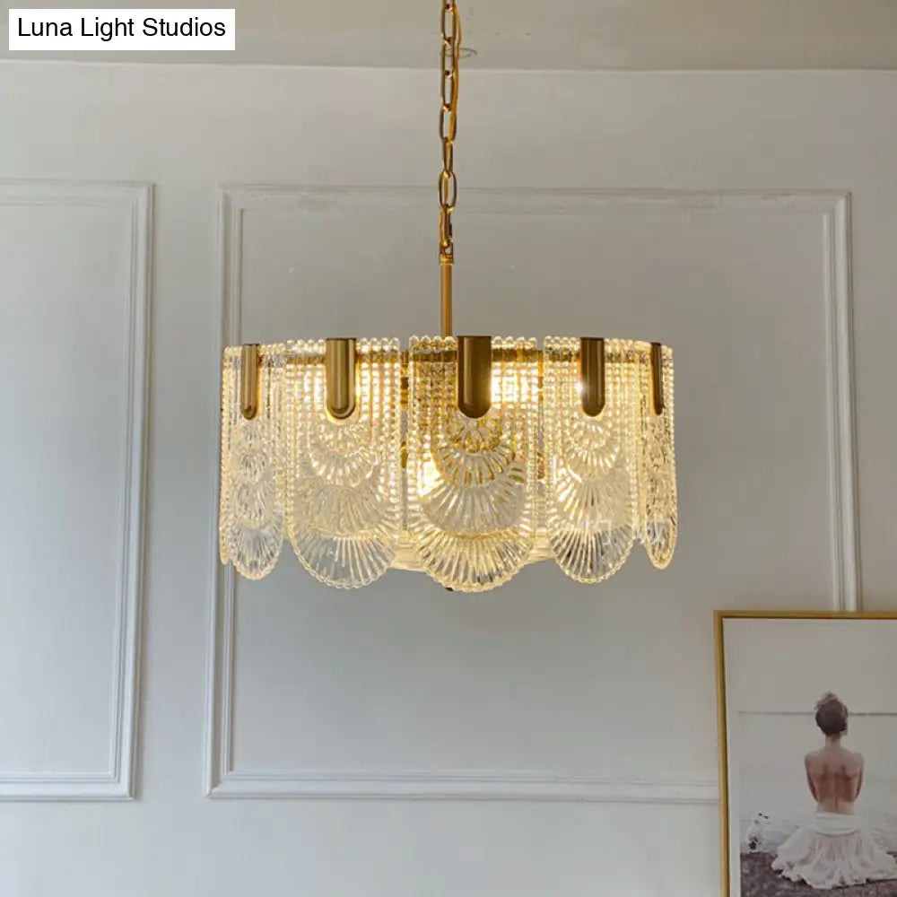 DecorBites™ Clear Textured Glass Brass Drop Lamp - Scalloped Chandelier for Classic Dining Room