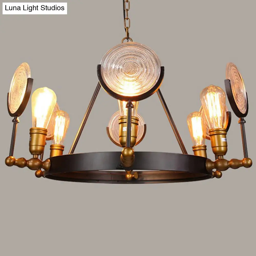 Clear Textured Glass Chandelier: Round Industrial Pendant Lighting - 6/8 Light | Brass Finish for Dining Room