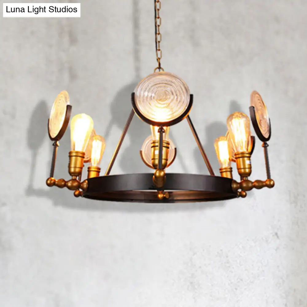 Clear Textured Glass Chandelier: Round Industrial Pendant Lighting - 6/8 Light | Brass Finish for Dining Room