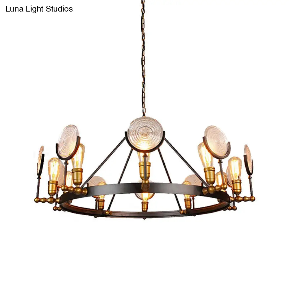 Clear Textured Glass Chandelier: Round Industrial Pendant Lighting - 6/8 Light | Brass Finish for Dining Room