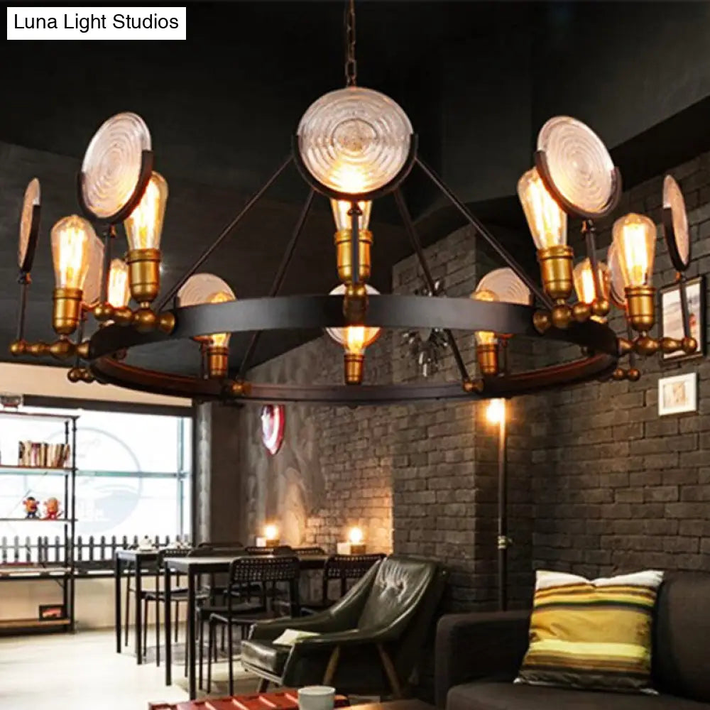 Clear Textured Glass Chandelier: Round Industrial Pendant Lighting - 6/8 Light | Brass Finish for Dining Room