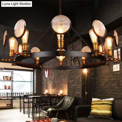 Clear Textured Glass Chandelier: Round Industrial Pendant Lighting - 6/8 Light | Brass Finish for Dining Room