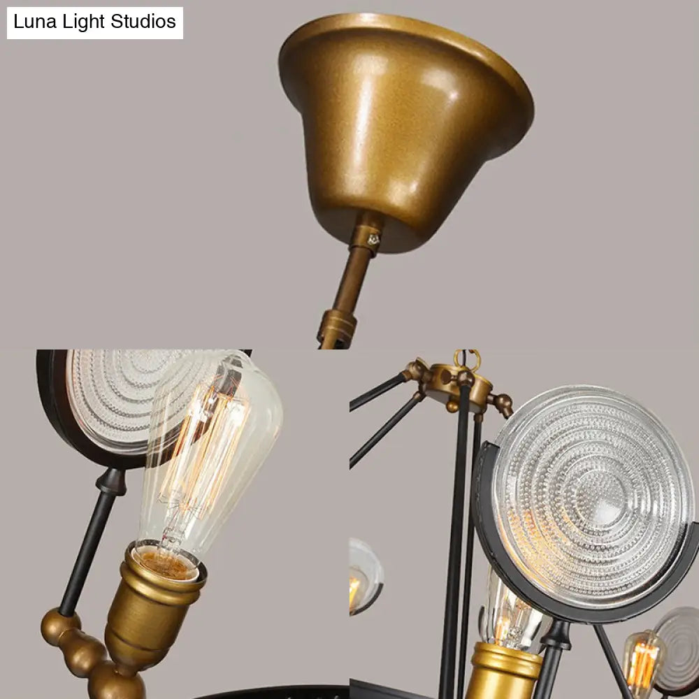 Clear Textured Glass Chandelier: Round Industrial Pendant Lighting - 6/8 Light | Brass Finish for Dining Room