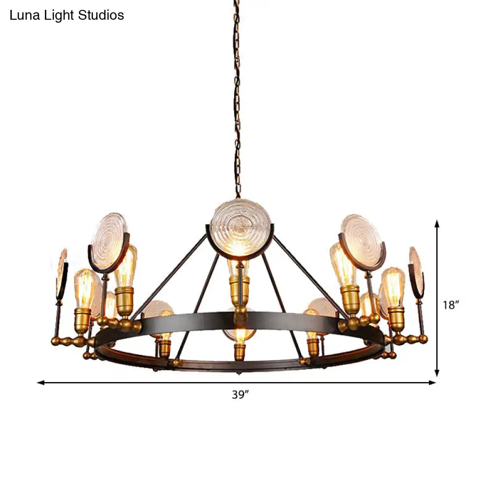 Clear Textured Glass Chandelier: Round Industrial Pendant Lighting - 6/8 Light | Brass Finish for Dining Room