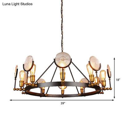Clear Textured Glass Chandelier: Round Industrial Pendant Lighting - 6/8 Light | Brass Finish for Dining Room