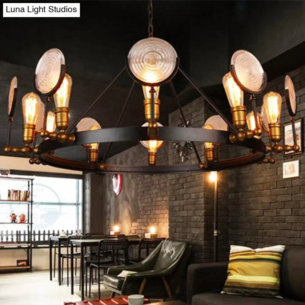 Clear Textured Glass Chandelier: Round Industrial Pendant Lighting - 6/8 Light | Brass Finish for Dining Room