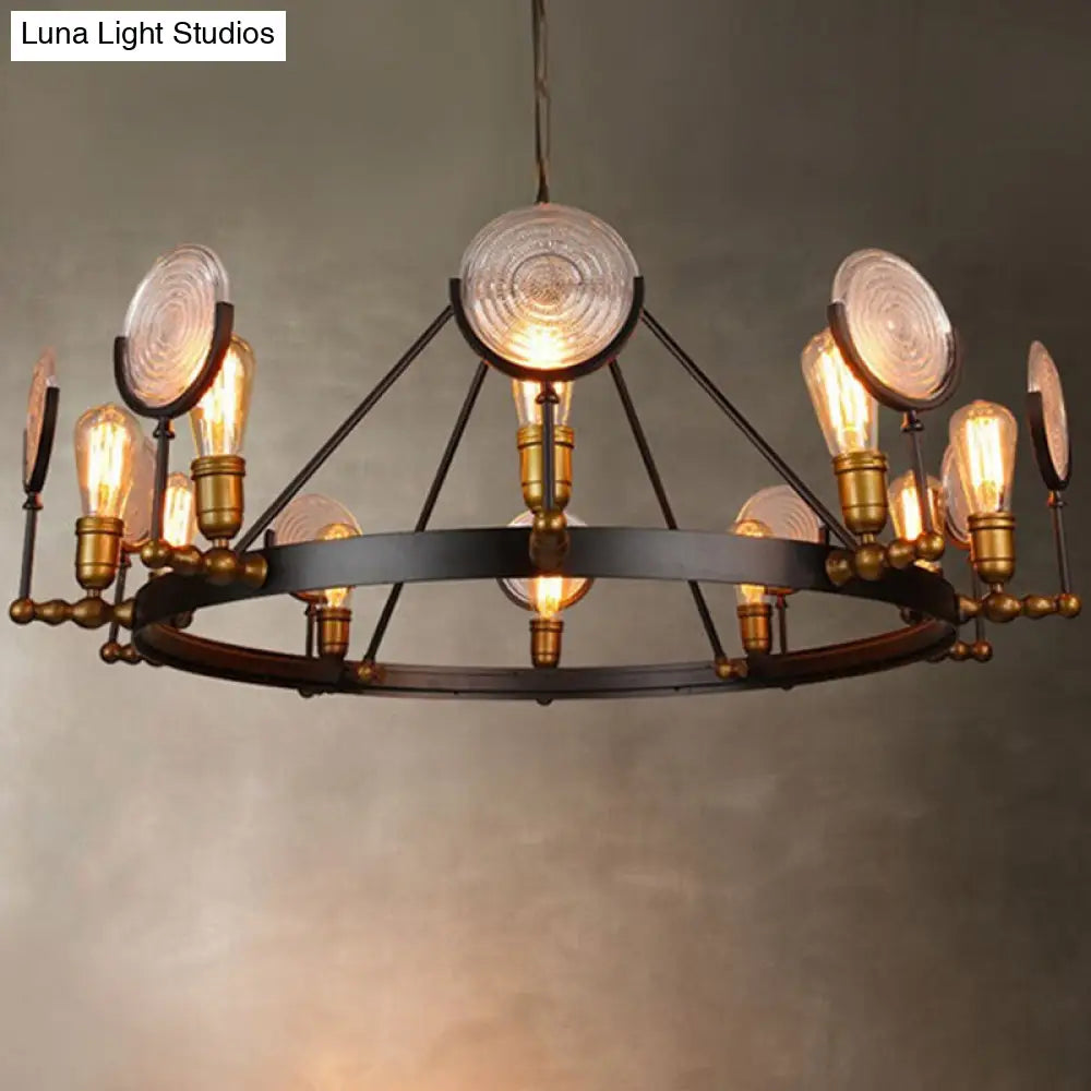 Clear Textured Glass Chandelier: Round Industrial Pendant Lighting - 6/8 Light | Brass Finish for Dining Room