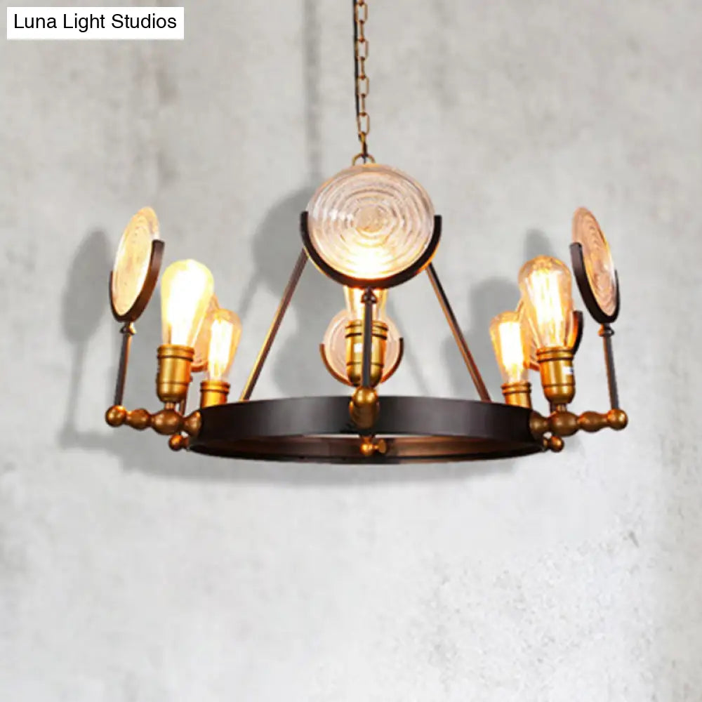 Clear Textured Glass Chandelier: Round Industrial Pendant Lighting - 6/8 Light | Brass Finish for Dining Room