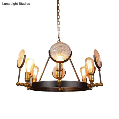 Clear Textured Glass Chandelier: Round Industrial Pendant Lighting - 6/8 Light | Brass Finish for Dining Room