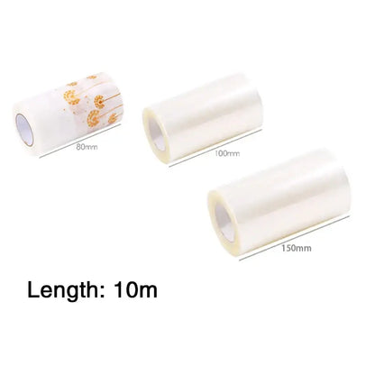 Three clear transparent adhesive tape rolls including one with gold floral pattern for decorbites cake edge wrap mousse decorating tool