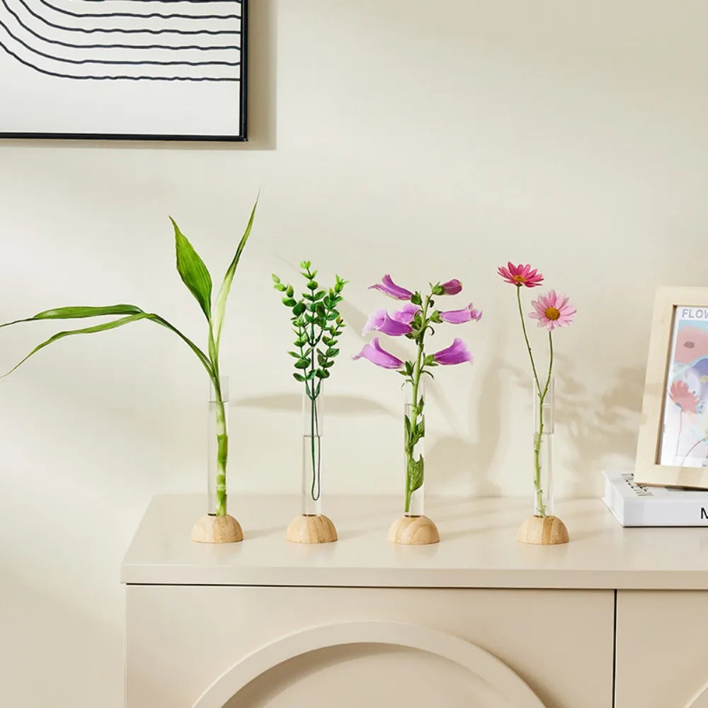 Clear Vase with Bamboo Base Tabletop Decoration - 1Set - Vase