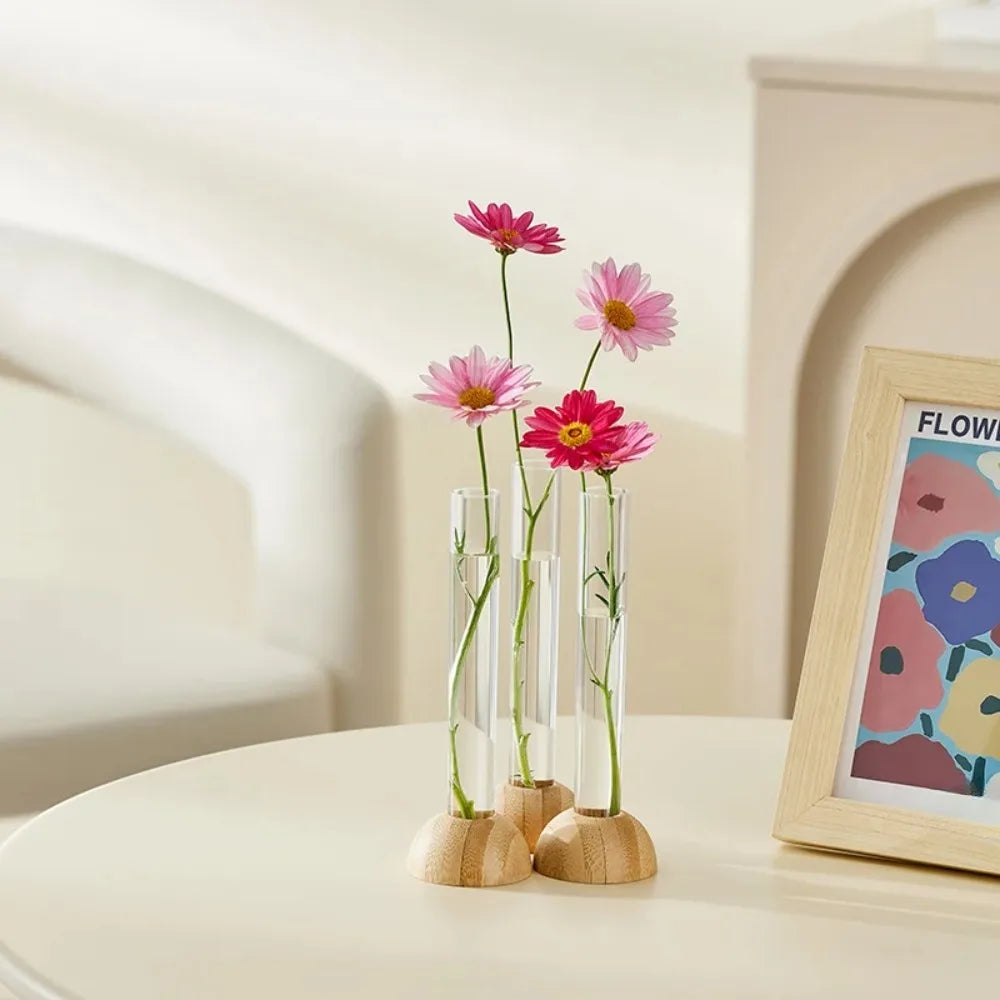Clear Vase with Bamboo Base Tabletop Decoration - 1Set - Vase