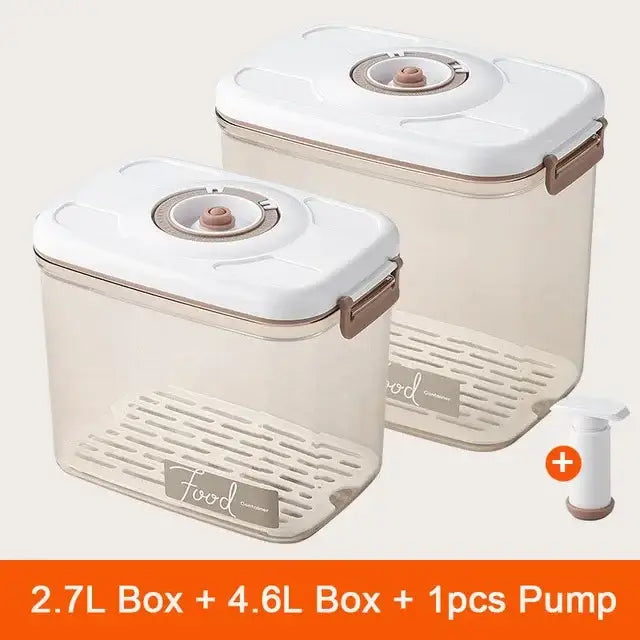 Clear plastic vacuum canister with white lids and beige handles featuring decorbites fresh-keeping vacuum system