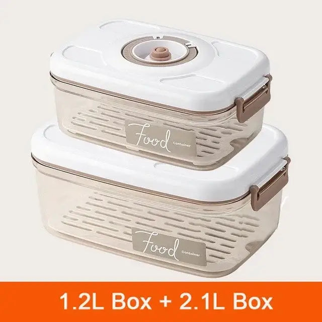 Clear plastic food storage containers with white lids and beige handles labeled for use as decorbites fresh-keeping vacuum canister