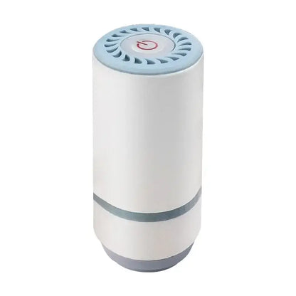 Clear white and blue decorbites fresh-keeping vacuum canister with cylindrical air purifier design and power button on ventilated lid