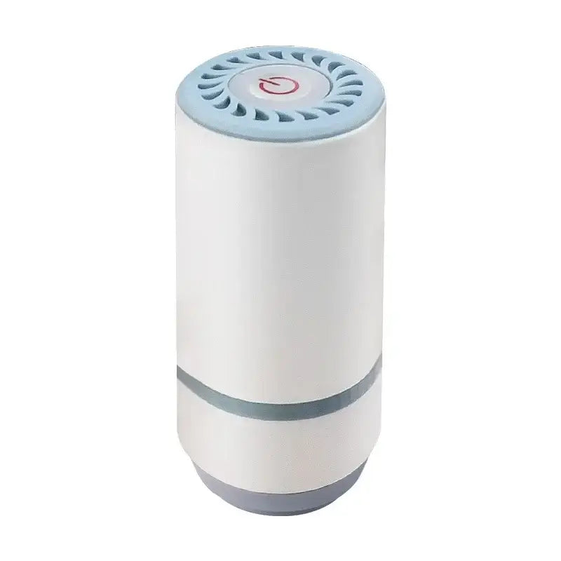 Clear white and blue decorbites fresh-keeping vacuum canister with cylindrical air purifier design and power button on ventilated lid