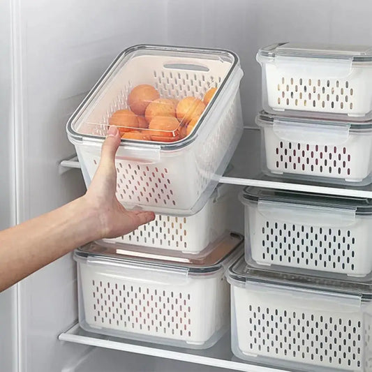 Clear white plastic fridge storage container with drain basket and perforated sides holding brown eggs decorbites fridge storage