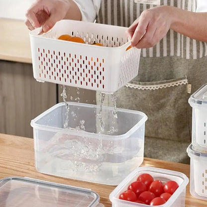 White plastic perforated drain basket with handles for decorbites fridge storage containers and kitchen use