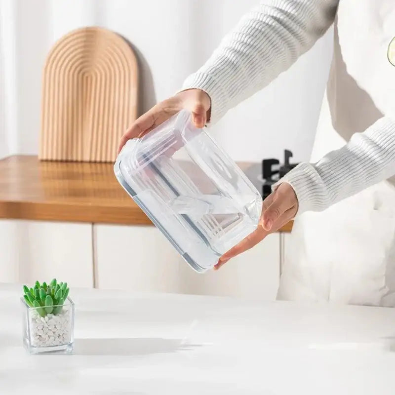 Clear rectangular glass fridge storage container with drain basket and subtle ridged texture for decorbites fridge storage
