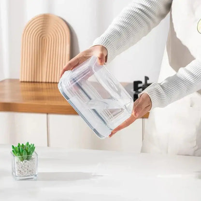 Clear rectangular glass fridge storage container with drain basket and subtle ridged texture for decorbites fridge storage