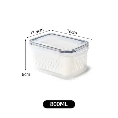 Clear plastic rectangular fridge storage container with transparent lid and drain basket for decorbites fridge storage
