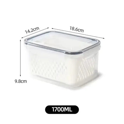 Clear white plastic fridge storage container with drain basket and perforated sides 1700ml decorbites fridge storage