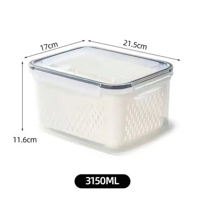 Clear white plastic fridge storage container with transparent lid and ventilated drain basket by decorbites fridge storage