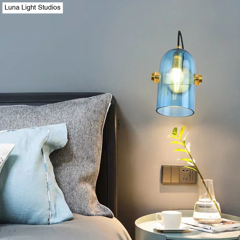 DecorBites™ Cloche Sconce Light with Amber/Blue/Smoke Gray Glass in Retro Brass Finish - Bedroom Wall Mount
