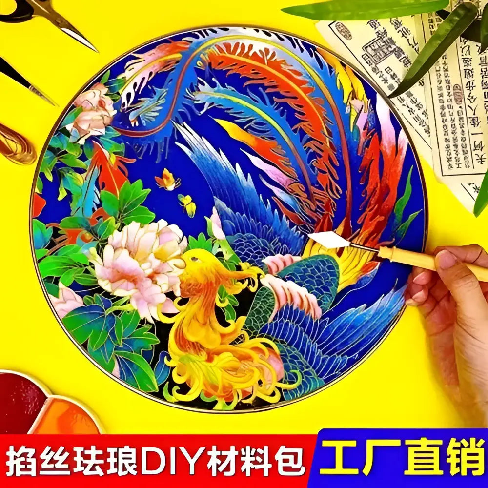 Vibrant blue and gold phoenix cloisonne silk enamel plate with pink flowers in decorbites diy kit for dining room decor