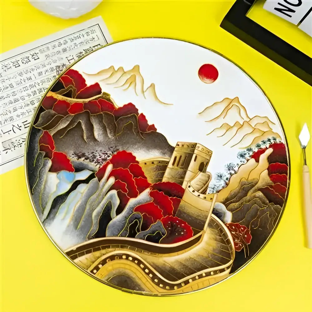 Circular ceramic plate with cloisonne silk enamel diy kit featuring great wall scene and red leaf mountains decorbites cloisonne silk