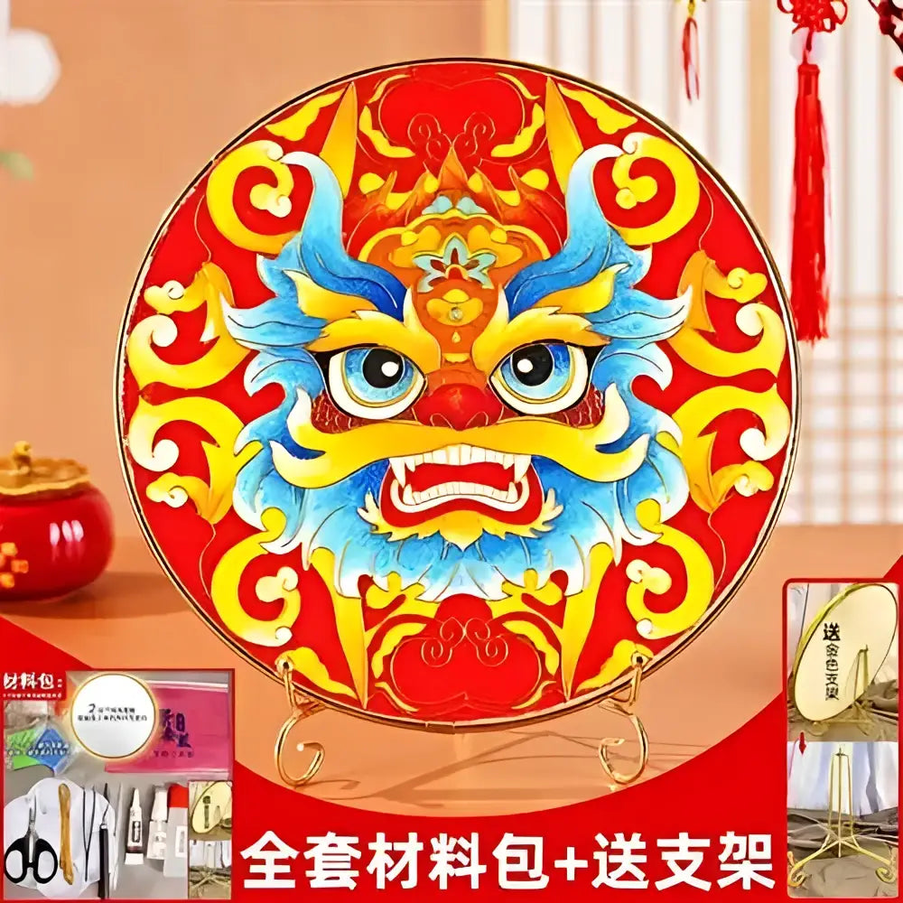 Vibrant red and gold cloisonne silk enamel decorative plate with a detailed blue dragon face diy kit for decorbites