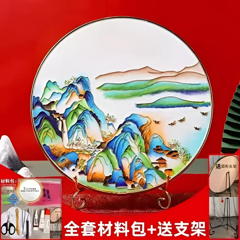 Hand-painted ceramic plate with vibrant mountain landscape in green blue orange and brown for decorbites cloisonne silk enamel diy kit